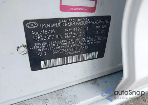 2017 Hyundai Sonata z USA, uszkodzony, nr VIN 5NPE24AF6HH485849